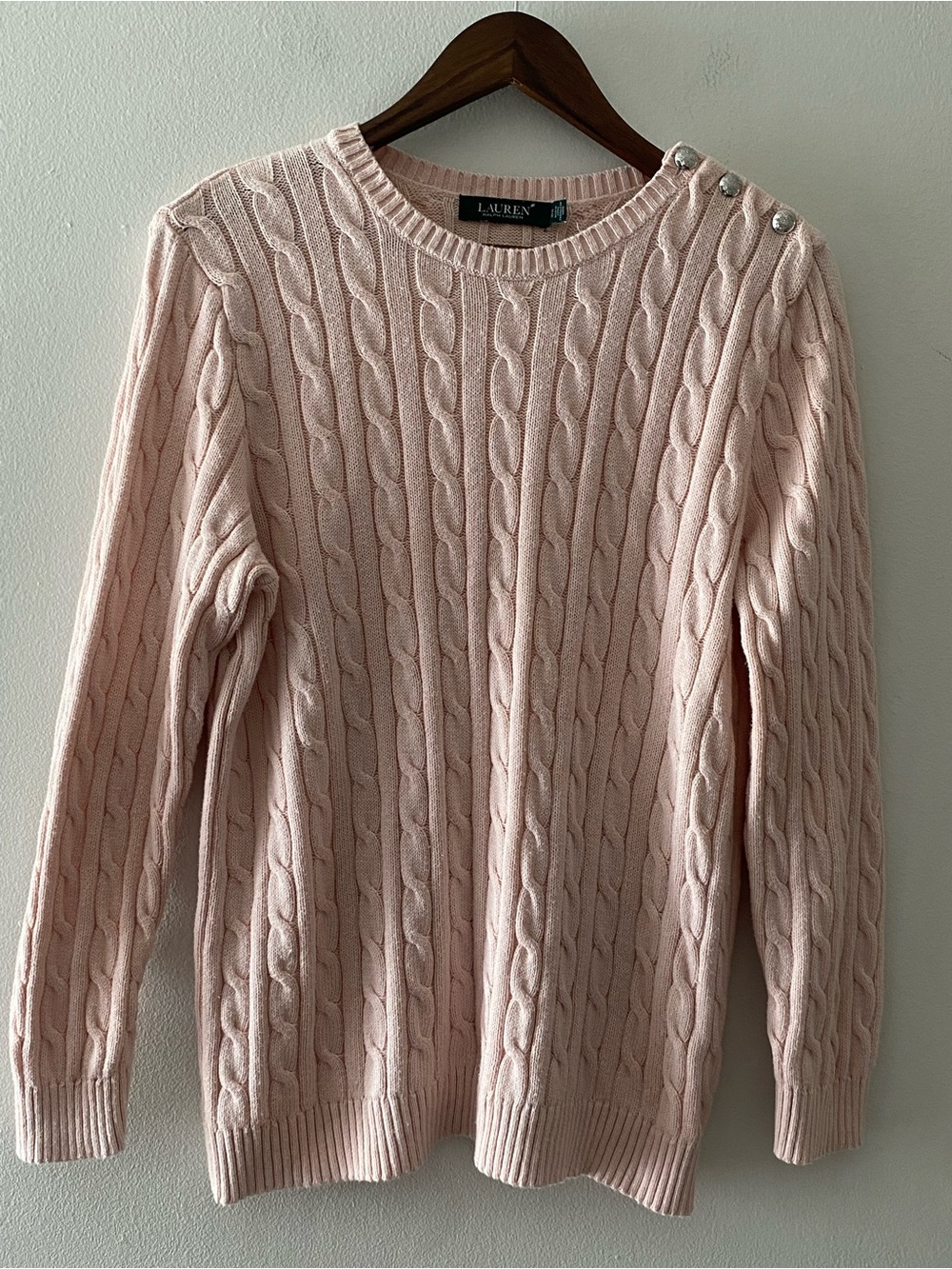 Lauren Ralph Lauren Pink Cable Knit Crewneck Sweater with Shoulder Buttons 1X